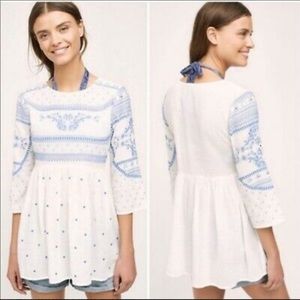 Anthropologie Mermaid Embroidered Blue and White Tunic